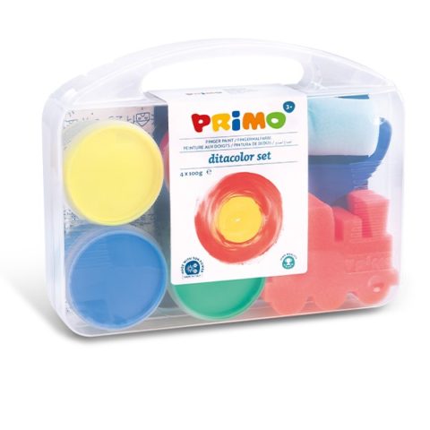 Prstové barvy PRIMO, sada 4 x 100g, 6 šablon, 4 výtvarné pomůcky, kelímky, PP box