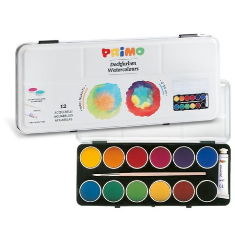 Vodové barvy PRIMO LUX, Ø 30mm, 12 barev + štětec + běloba, kovové víko